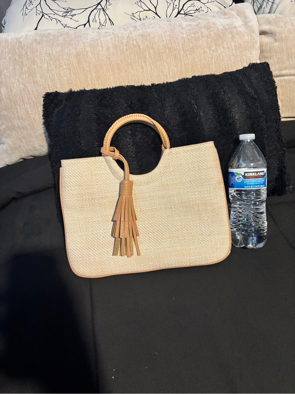 Sole Society Straw Clutch with Tan Leather Tassel Handles